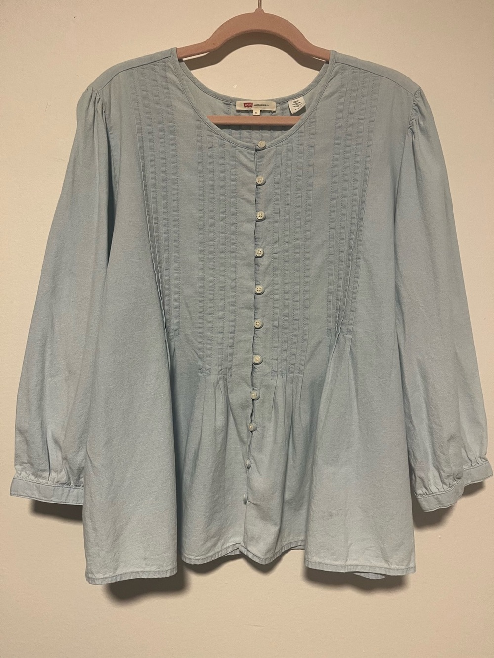 Light Blue Button-Front Peasant Blouse 3/4 length sleeves boho style light denim